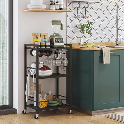 TUTOTAK Bar Cart with Wheels, Mini Drink Cart with Wine Rack & Glass Holder | 3-Tier 17 Inch Wide Home Bar Serving Carts, Small Mobile Kitchen Shelf with 6 Hooks, Black V1BC01BK035