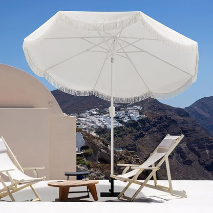 Tempera 9ft Auto Tilt Scalloped Patio Umbrellas with Fringe, Outdoor Table Umbrellas with Fade Resistant Canopy, 8 Sturdy Rids, Luxurious Vintage Umbrellas for Lawn, Pool, Deck, Balcony