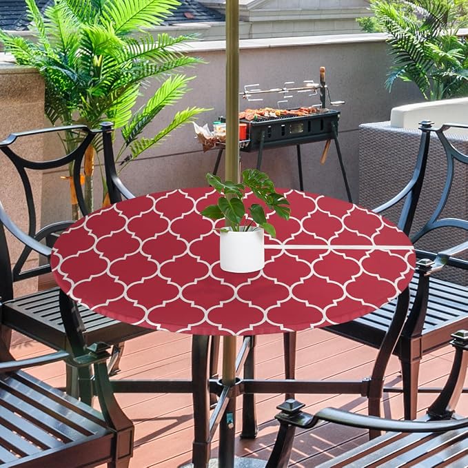 Round Tablecloth with Umbrella Hole and Zipper Moroccan Pattern Outdoor Elastic Fitted Table Cloth 45"-56" Oil-Proof Waterproof Burgundy Red Patio Table Cover for Picnic Party