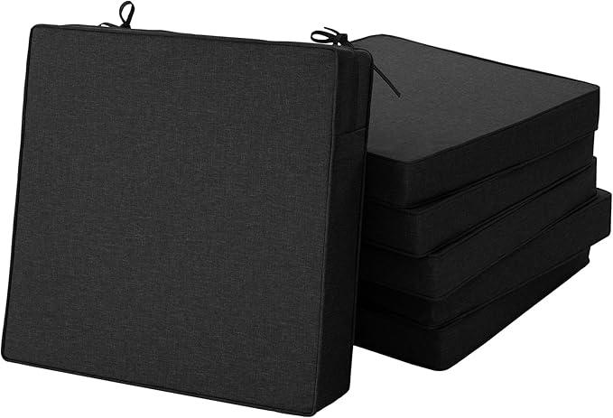Outdoor Chair Cushions, Set of 6, 22 x 22 Inch, Black | Water Resistant, Fade Resistant, Patio Furniture Square Seat Replacement, Removable Cover with Ties, Non-Slip Bottom