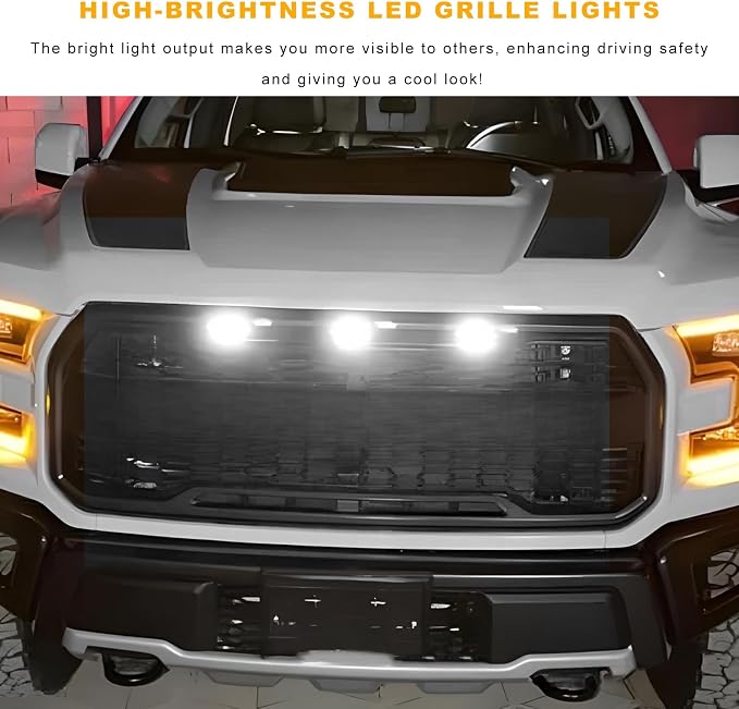 5 PCS Car LED Grille Lights, Waterproof Front Grille Running Lights with Wiring Harness, LED Grill Running Lamp Decorative Light for 2017-2019 F150 Raptor (Black & White, 4 PCS)