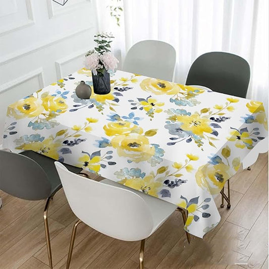 TKS MITLAN Yellow Blue Flowers Tablecloth Decor Watercolor Plant Tender Petal Bright Summer Romantic Table Cloth Dining Room Kitchen Table Cover 60" X 84" Oblong/Rectangle