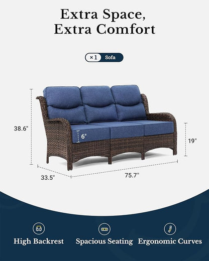HILLGA Luxury Outdoor Furniture High Back Patio Sofa, Oversized 3-Seater Couch with 6'' Thick Cushions, Ideal for Porch, Poolside, Deck, and Yard(Blue)