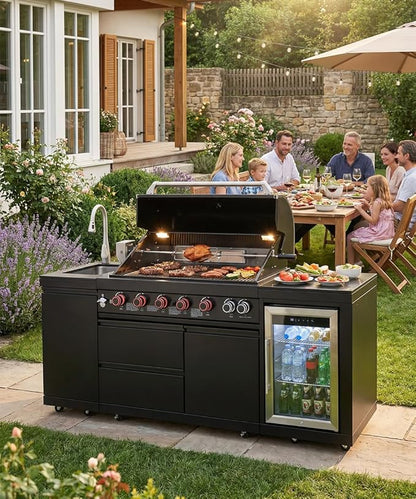 BBQ Outdoor Kitchen Island Grill Barbecue Modular Patio Kitchens Kits with Electric Rotisserie, Sink, fridge, and Burner for More than 10 People