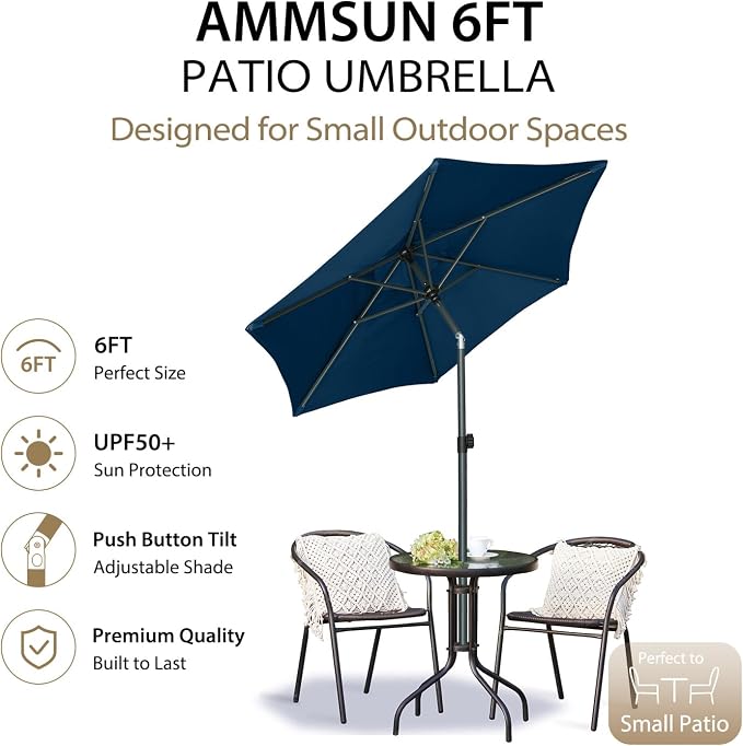 AMMSUN 6FT Patio Umbrella, Outdoor Table Umbrella with Push Button Tilt | UPF50+ Sun Protection and Water-Resistant Fabric, Premium Steel Pole and Ribs, Height-Adjustable and Push-Button Tilt