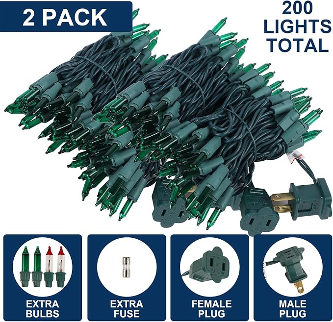 2 Pack Green Christmas String Lights, 100 Count Incandescent Mini Lights | Connectable Xmas Tree Light for Indoor Outdoor Garland Birthday St. Patrick's Day Holiday Wedding Festival Party