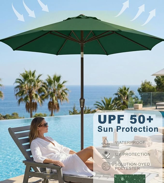 PatioKingdom Auto-Tilt 9FT Patio Umbrella Outdoor with 8 Sturdy Fiberglass Ribs,Market Table Umbrella for Pool,Backyard,Deck and Garden