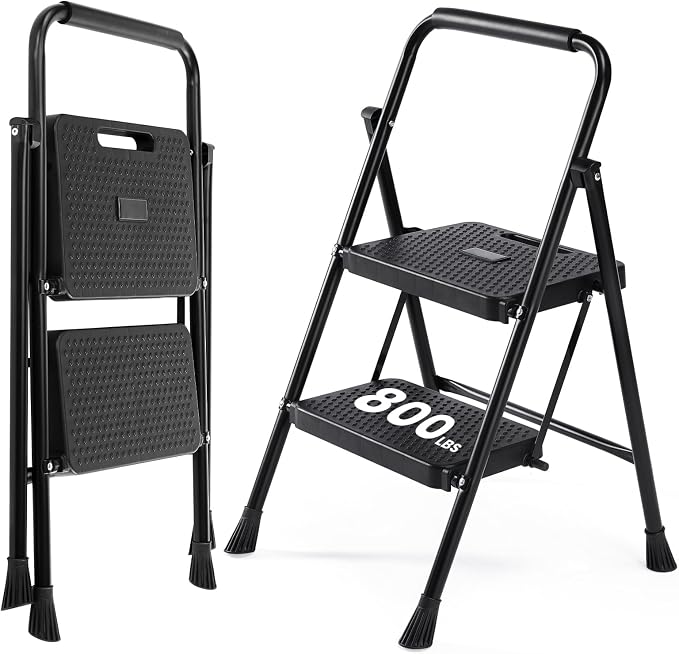 OLIXIS 2 Step Ladder, 880lbs Heavy Duty Step Stool with Anti-Slip Pedal | Portable Stepping Stool with Sturdy Ladder & Comfortable Handrail, for Kitchen, Garage & Outdoor Use, Black