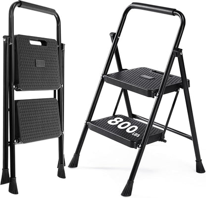 OLIXIS 2 Step Ladder, 880lbs Heavy Duty Step Stool with Anti-Slip Pedal | Portable Stepping Stool with Sturdy Ladder & Comfortable Handrail, for Kitchen, Garage & Outdoor Use, Black
