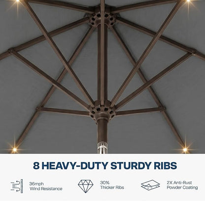 10FT Solar Patio Umbrella with Lights, Outdoor Table Market Umbrella with 32 LED Lights, 8 Sturdy Ribs, Push Button Tilt and Crank for Pool, Deck and Garden, UV-Resistant