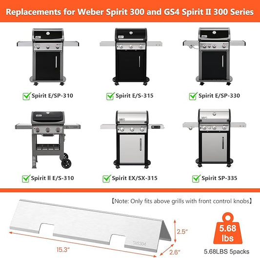 SUS304 Stainless Steel Grill Parts for Weber Spirit 2 300 Series, 15.3" Flavorizer Bars for Weber Spirit II E310, Spirit E310 330 Grills with Front Control, GS4 Replacement Parts for Weber Spirit 7636