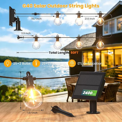 50FT Solar String Lights Outdoor Waterproof IP65 with USB-Charging , Solar Powered LED Patio Lights with 25+2 Shatterproof G40 Globe Bulbs, Hanging Lights for Outside Backyard Garden Bistro Gazebo