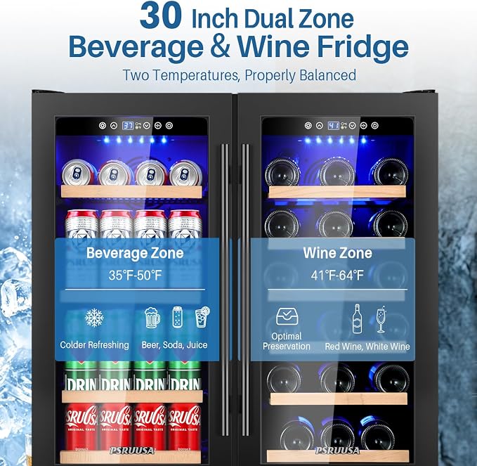 30 Inch Wine and Beverage Refrigerator Dual Zone Wine Fridge Beverage Cooler with Glass Door, Holds 110 Cans and 30 Bottles, Seamless Frame Built In or Freestanding for Home Bar, Kitchen