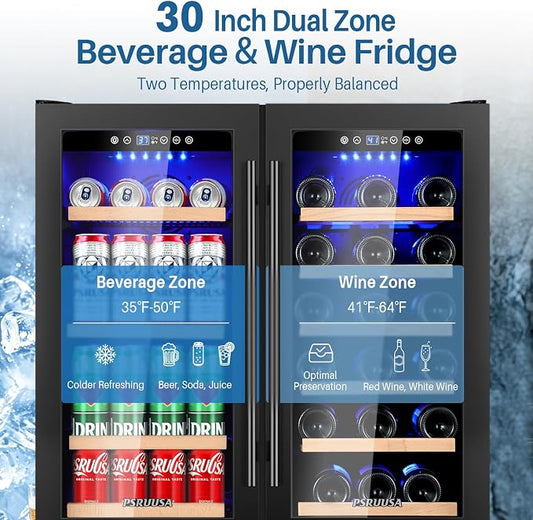 30 Inch Wine and Beverage Refrigerator Dual Zone Wine Fridge Beverage Cooler with Glass Door, Holds 110 Cans and 30 Bottles, Seamless Frame Built In or Freestanding for Home Bar, Kitchen
