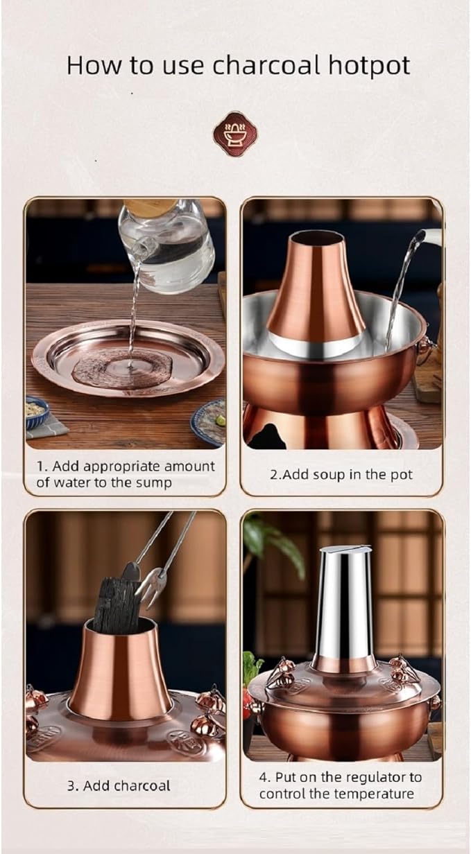Old Beijing Copper Hot Pot,Chinese Charcoal Hot Pot - 12.5IN Large Family-Friendly Mongolian Style, Ideal for 4-6 Person Gatherings & Outdoor Dining