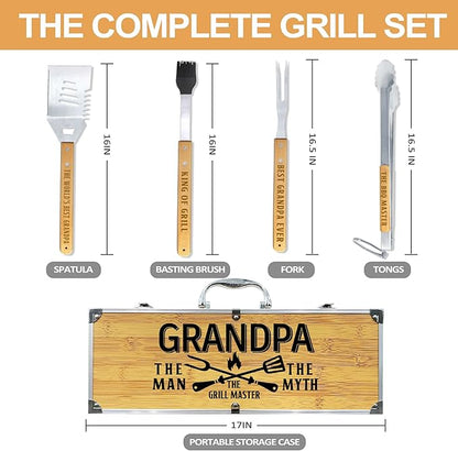 Grandpa Gifts from Grandkids Fathers Day, Grandpa Gift Heavy Duty Wooden BBQ Grilling Accessories Kit for Backyard, Thick Stainless Steel Grill Utensils with Non-Slip Handle Tools in Portable Bag