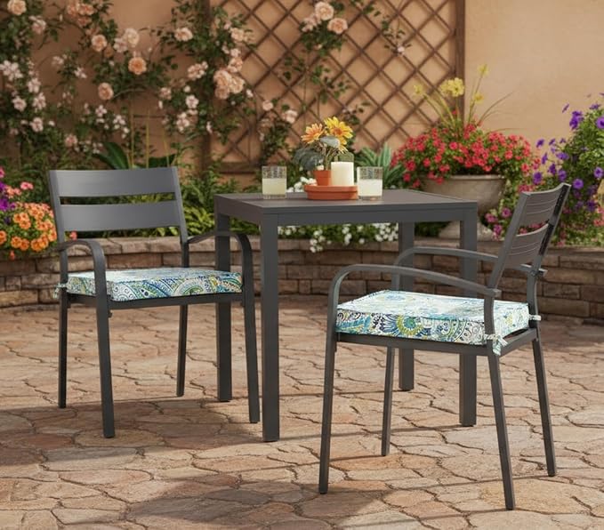 Outdoor 18 inch Square Patio Dining Chair Pads – Comfortable Fiber-Filled Seat Cushions with Ties, Reversible Polyester Fabric - Baltic Paisley, Set of 2