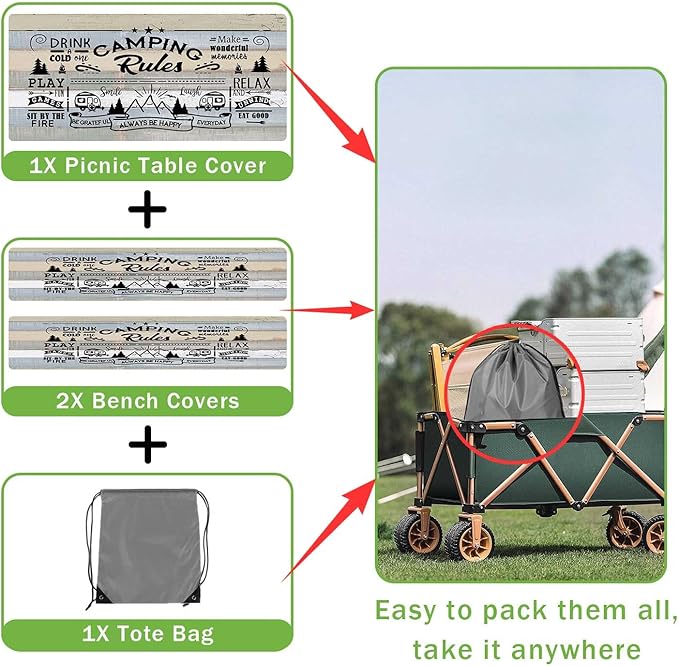 JAWO Picnic Table Cover with Bench Covers, Camping Rules Camper RV Essentials Gear Supplies Outdoor Waterproof Windproof Tablecloth with Elastic, 90in