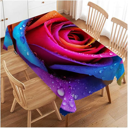 Swono Rose Table Cover Colorful Rose Flowers with Water Drops 50x72 Inch Table Cloth Kitchen Dinning Tablecloth for Rectangle Tables Buffet Parties Coffee BBQ Weddings