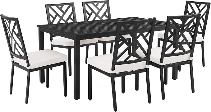 Crosley Furniture Locke 7-Piece Outdoor Dining Set for 6, Patio Table and Chairs for Backyard, Deck, Matte Black with Creme Cushions