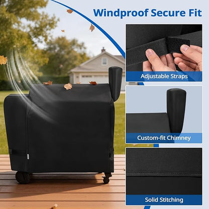 SunPatio Outdoor Heavy Duty Waterproof Grill Cover Compatible with Traeger 34 Series Wood Pellet Grill and Smoker, Texas and More, Full Length Barbecue Cover, All Weather Protection, Black