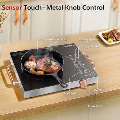 Single Burner Electric Cooktop 110V, Nefaracy Portable Electrical Stove 1800W Electric Burner Portable with Handle Touch Control & Knob Control, Timer, Safety Lock(Plug in)