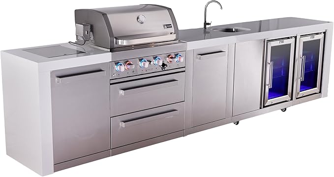 Mont Alpi Deluxe Stainless Steel 145"W Modular Outdoor Kitchen Island + 2 Refrigerators + Faucet & Sink + 32"W 4-Burner BBQ Grill + Side Burner + Granite Countertops + Storage + Rotisserie + Cover