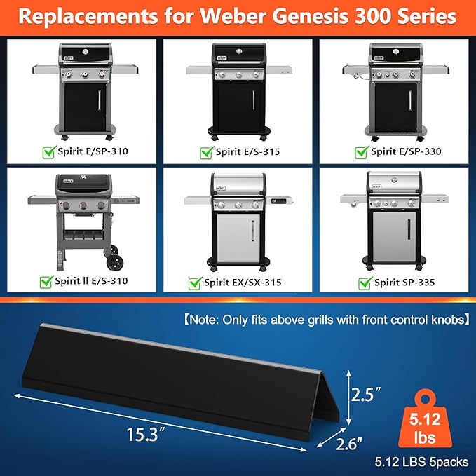 15.3" Flavorizer Bars for Weber Spirit E-310 Spirit II 300, Spirit 300 E320 E330 S310 S320 S330 Grills with Front Control Knobs, Porcelain Enameled Heat Plate for spirit e310 Replacement Parts