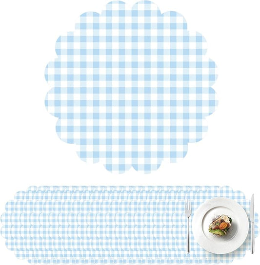100Pcs Checkered Paper Placemats Light Blue Gingham Place Mats 13.5 Inch Disposable Round Decorative Dining Table Mat with Scalloped Edge Paper Cutouts Decor for Summer Picnic BBQ Table Party Supplies
