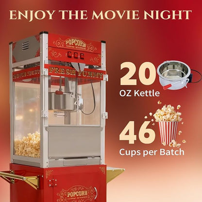 20 Oz Popcorn Machine with Cart, Vintage Movie Theater Style Pop Corn Popper with 16" Bicycle-Style Wheels & a Cabinet for Home Theater, Parties, Events, Red