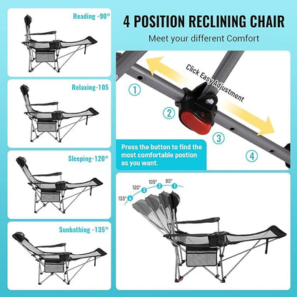 #WEJOY 2-in-1 Reclining Camping Chair with Footrest for Adults Folding Lounge Chair with Adjustable Backrest Lightweight Camping Chairs Heavy Duty Camp Chairs for Outdoor