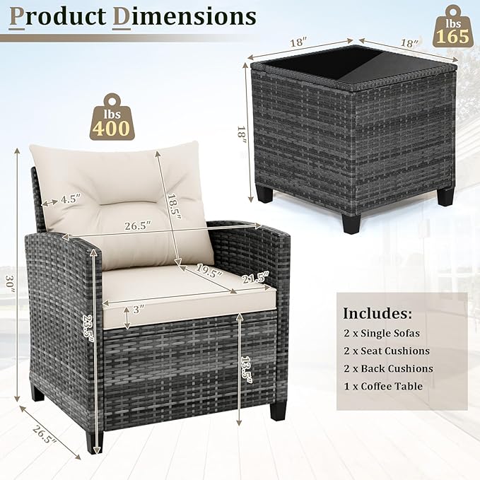 HAPPYGRILL 3 Pieces Patio Conversation Set PE Rattan Outdoor Furniture Sofa Set with Removable Cushion, PE Wicker Chairs with Tempered Glass Side Table for Porch Lawn Garden Balcony Backyard