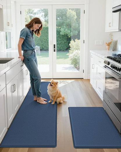 Color&Geometry Anti Fatigue Cushion Padded Kitchen Mat for Floor - 17x29+17x59,Easy Clean, Waterproof & Oil Proof, Anti Slip, Foam Rubber Runner Rug for Front Sink Comfort Standing, Blue Set of 2