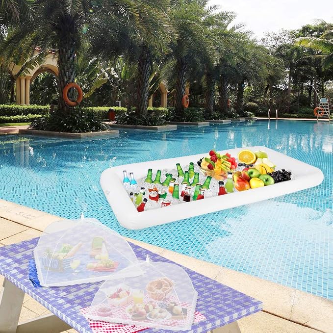 1PCS Inflatable Serving Bars and 3PCS Mesh Food Umbrella Covers Tent for Outdoor,Keep Salads Beverages Ice Cold - For Parties Indoor & Outdoor BBQ, Picnic Pool Party Supplies Luau Cooler