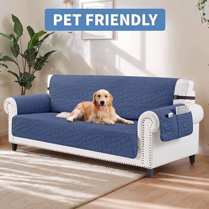 CUCRAF Non Slip Quilted Sofa Cover, Water Resistant Slipcover Furniture Protector for 4 Cushion Sofa Pet Friendly, Washable Couch Cover with Adjustable Elastic Straps (XX-Large, Dark Blue)