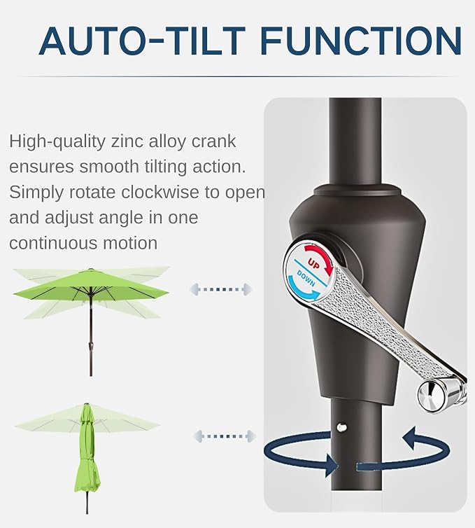 9FT Auto-Tilt Patio Umbrella|Outdoor Market Table Umbrella with 8 Fiberglass Ribs for Pool,Deck&Backyard