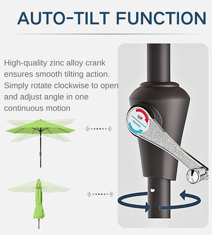 9FT Auto-Tilt Patio Umbrella|Outdoor Market Table Umbrella with 8 Fiberglass Ribs for Pool,Deck&Backyard