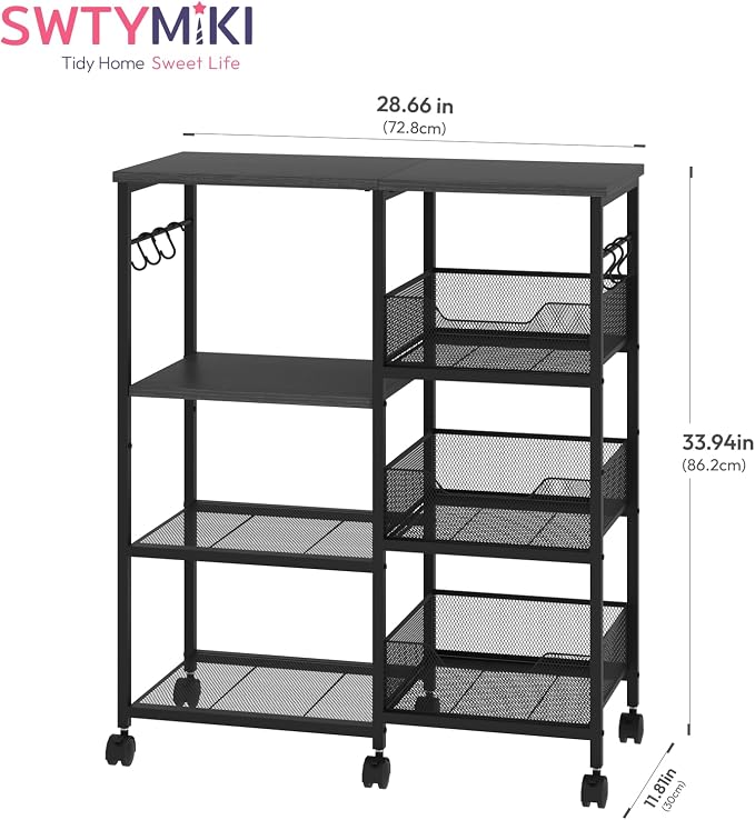 SWTYMIKI Kitchen Island Cart on Wheels - 4 Tier Rolling Kitchen Table Cart with Storage Shelves, 6 Removable Hooks& Locking Casters, Coffee Bar Cabinet for Dining Room Pantry Office, Black