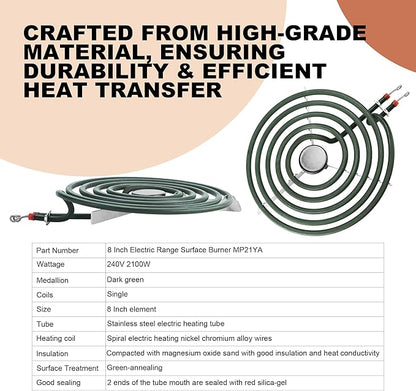 Stove Element Replacement for Amana Whirlpool Kenmore Electric Range Burner-MP22YA Electric Range Burner Element Set Includes 2Pcs 8-Inch MP21YA & 2Pc6-Inch MP15YA