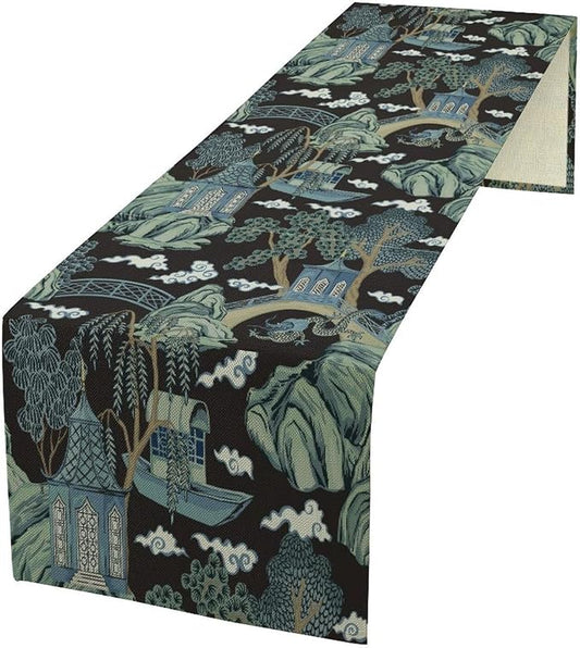 Chinese Landscape Table Runner Oriental Vintage Chinoiserie Black Blue Mountains Pagoda Boat Bridge Pine Trees Dinner Runner for Wedding Party Holiday Kitchen Dining Home Decor 13x90in