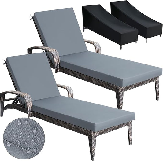 Patelai 2 Set Outdoor Chaise Lounge Cushions with Chair Covers, 70 x 21 x 3 Inch Waterproof Sun and Fade Resistant Thick Replacement Lounge Chair Cushions for Patio Poolside (Dark Gray)