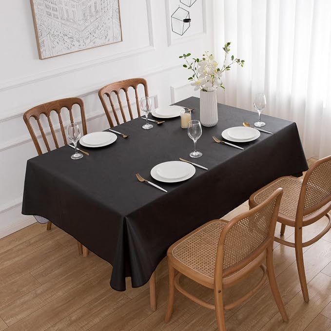 NLMUVW Vinyl Tablecloth 108 Inch with Flannel Backing, Black Rectangle Outdoor Table Cloth Waterproof Wipe Clean Table Cover for Dining Party, 60 X 108 Inch