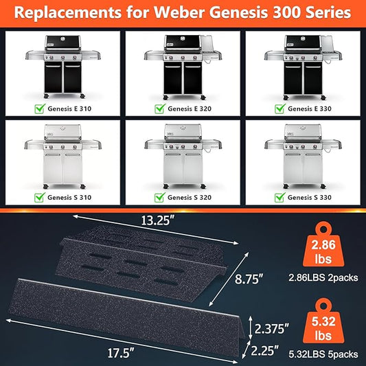 Genesis Grill Parts for Weber Genesis 300 Series Grills with Front Control Knob, Genesis E310 E320 E330 S310 S320 S330, 17.5" Flavorizer Bars and Heat Deflectors for Weber 7620 7621, Porcelain Steel