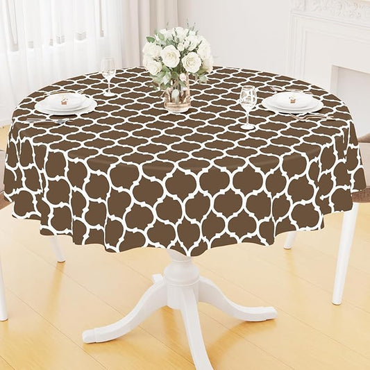 Smiry Round Plastic Table Cloth, Waterproof Vinyl Tablecloth with Flannel Backing for Round Tables, Wipeable & Spillproof for Dining, Camping, Indoor and Outdoor (60" Round, Brown)