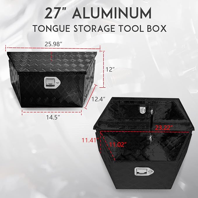27" x 13" x 13" Trailer Tongue Tool Box with Latch and Keys Heavy Duty Aluminum Trailer Toolbox Organizer Truck Underbody Box Compatible with Pick Up Truck Bed RV Trailer ATV Black