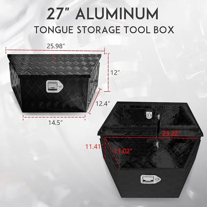 27" x 13" x 13" Trailer Tongue Tool Box with Latch and Keys Heavy Duty Aluminum Trailer Toolbox Organizer Truck Underbody Box Compatible with Pick Up Truck Bed RV Trailer ATV Black