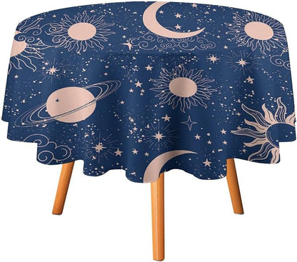 Moon Sun Round Tablecloth Vintage Star Magical Galaxy Space Boho Celestial Table Cloth Water Resistant Wipeable Table Cover for Farmhouse Picnic Party Holiday Kitchen Dinner Table 50"