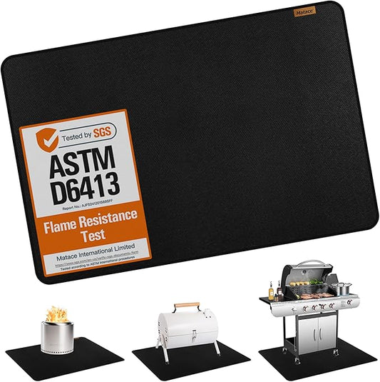 Matace 48x36 Fireproof Grease Mats for Under Outdoor Grill, Large Double-Sided Fire Retardant Silicone Floor Mat for BBQ, Camping Stove, Fire Pit, Waterproof Patio & Deck Protector, Black