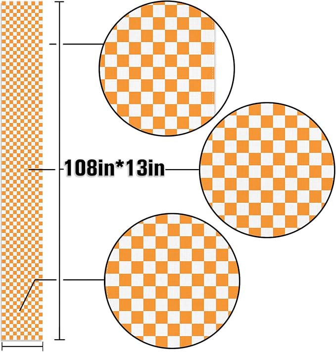 Orange White Checkered Table Runner Fall Thanksgiving Harvest Checkerboard Decoration for Wedding Birthday Bridal Baby Shower Christmas Home Party Kitchen Island Decor (Orange, 13" x 108")