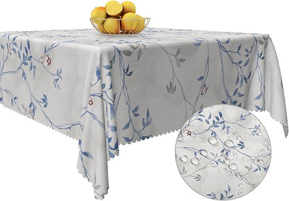 Blue Gray Floral Square Tablecloths 60x60 Inch Plants Birds Decoration Table Cloth for Seasonal Decors Watercolor Oil Proof Spill Proof Wipeable Table Cloths for Indoor Outdoor Use